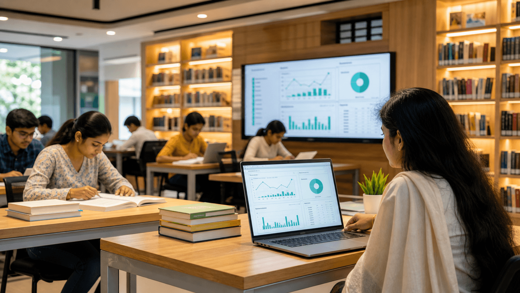 Modern Indian library using AI in education 2026 and digital library management software.