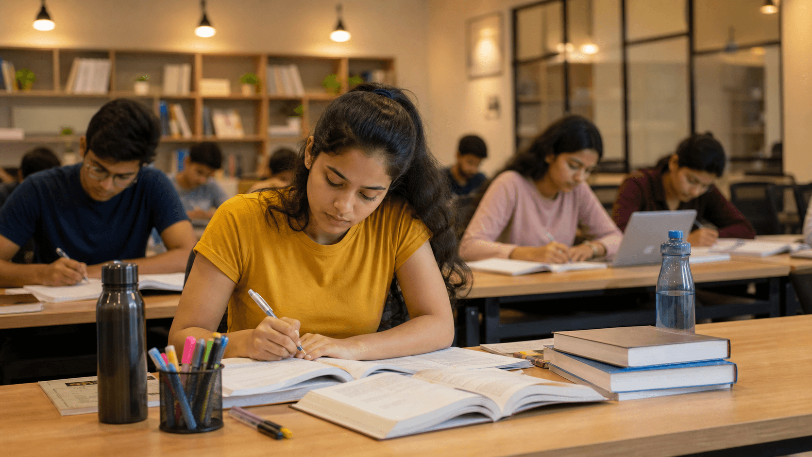 NEET UG 2026 counselling aspirant studying in a quiet reading room for medical entrance preparation.