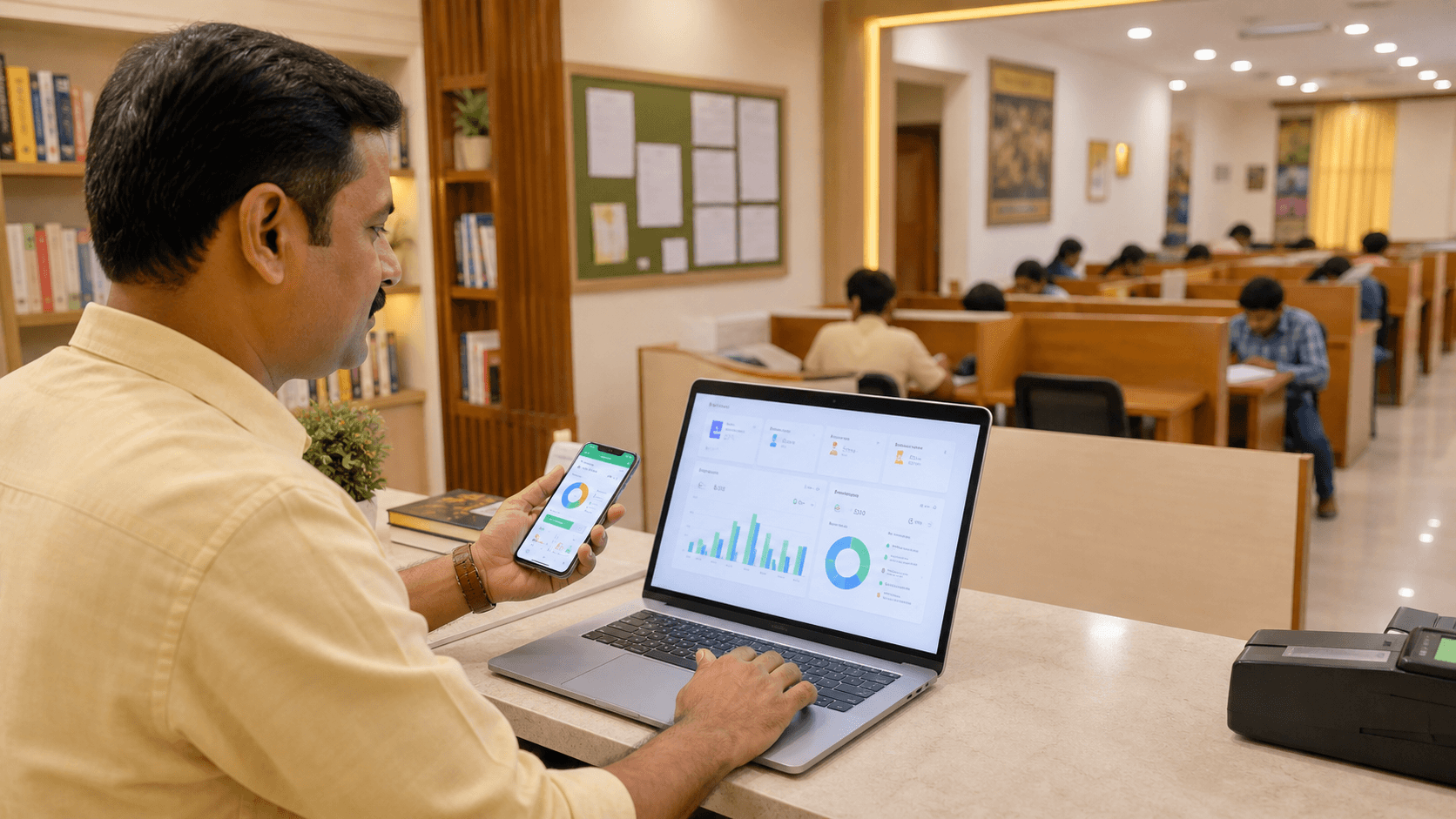 Reading Room Management Software dashboard for seats, fees, attendance, and renewals in an Indian study room.