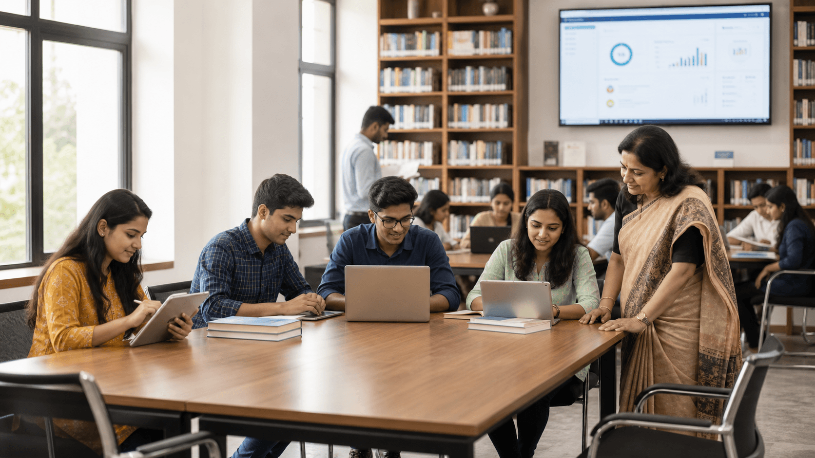 UGC SWAYAM digital learning supported by students using laptops in a modern college library.